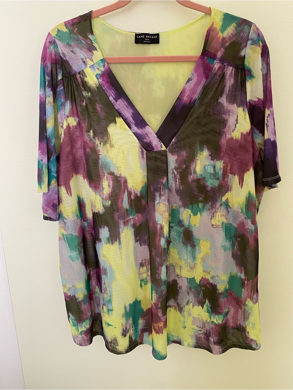 Lane Bryant Yellow, Purple, Yellow & Teal Abstract V-Neck Blouse Size 18/20 NEW